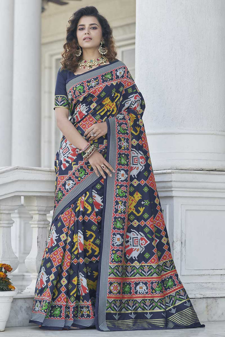 Beautiful Weaving Work Sangeet Wear Navy Blue Color Patola Style Saree In Art Silk Fabric
