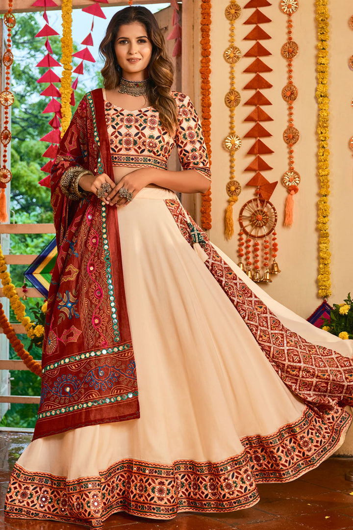 Thread Embroidered Work Off White Color Cotton Fabric Dreamy Lehenga