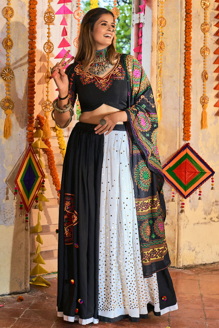 Thread Embroidered Designs On Black Color Cotton Fabric Remarkable Lehenga