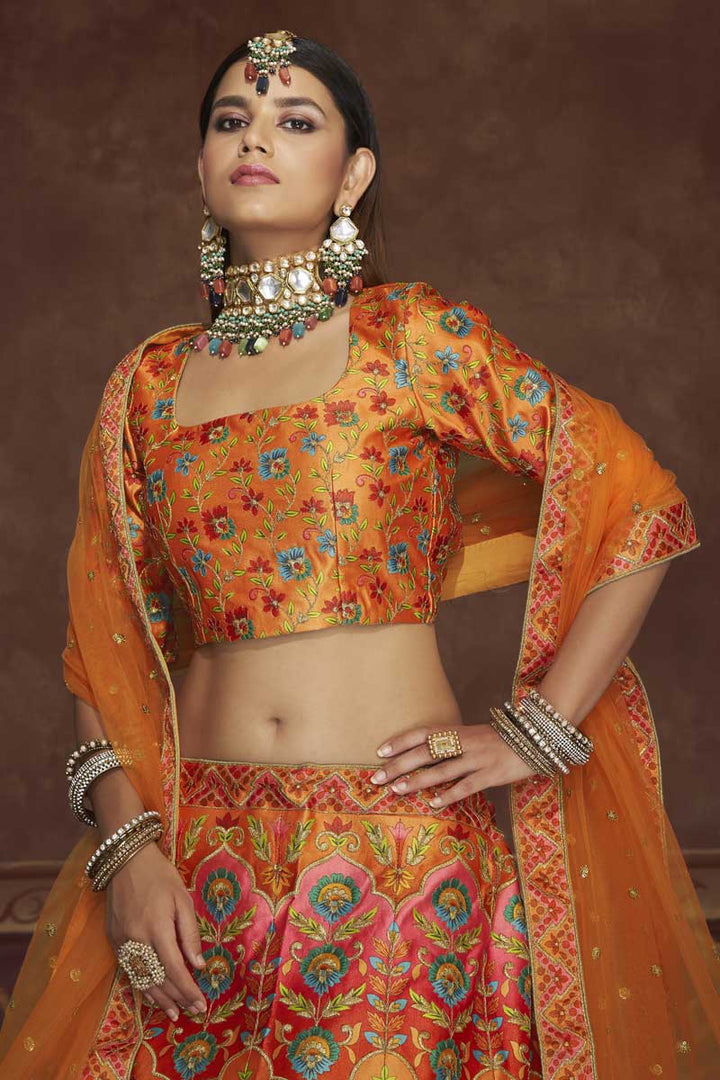 Orange Color Sangeet Wear Blazing Embroidered Work Lehenga In Art Silk Fabric