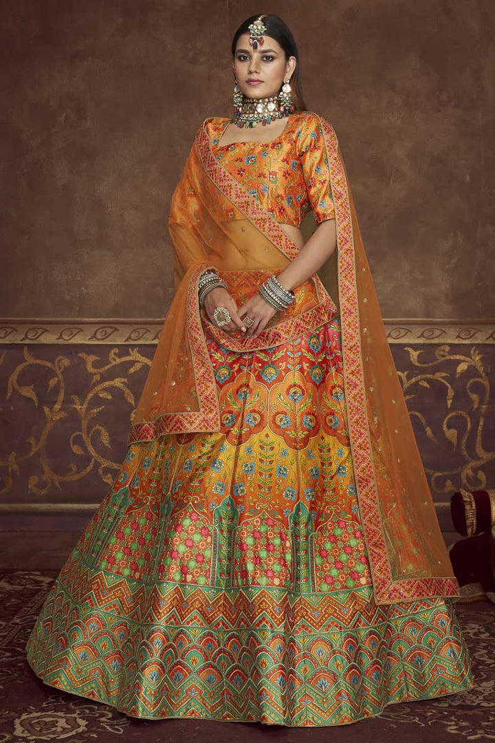 Orange Color Sangeet Wear Blazing Embroidered Work Lehenga In Art Silk Fabric