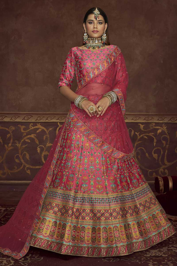 Embroidered Work Sangeet Wear Art Silk Fabric Enticing Lehenga In Pink Color