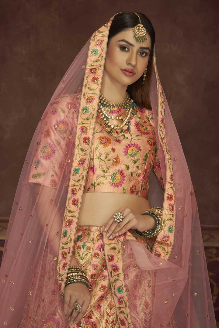 Sangeet Wear Peach Color Designer Embroidered Lehenga Choli In Art Silk Fabric