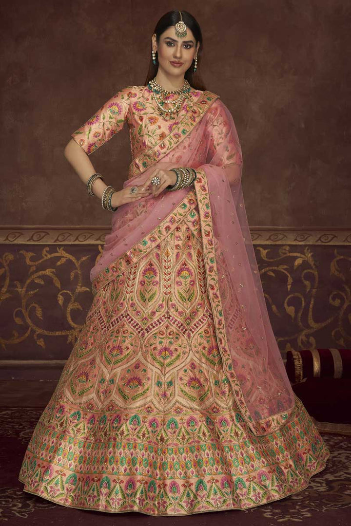 Sangeet Wear Peach Color Designer Embroidered Lehenga Choli In Art Silk Fabric