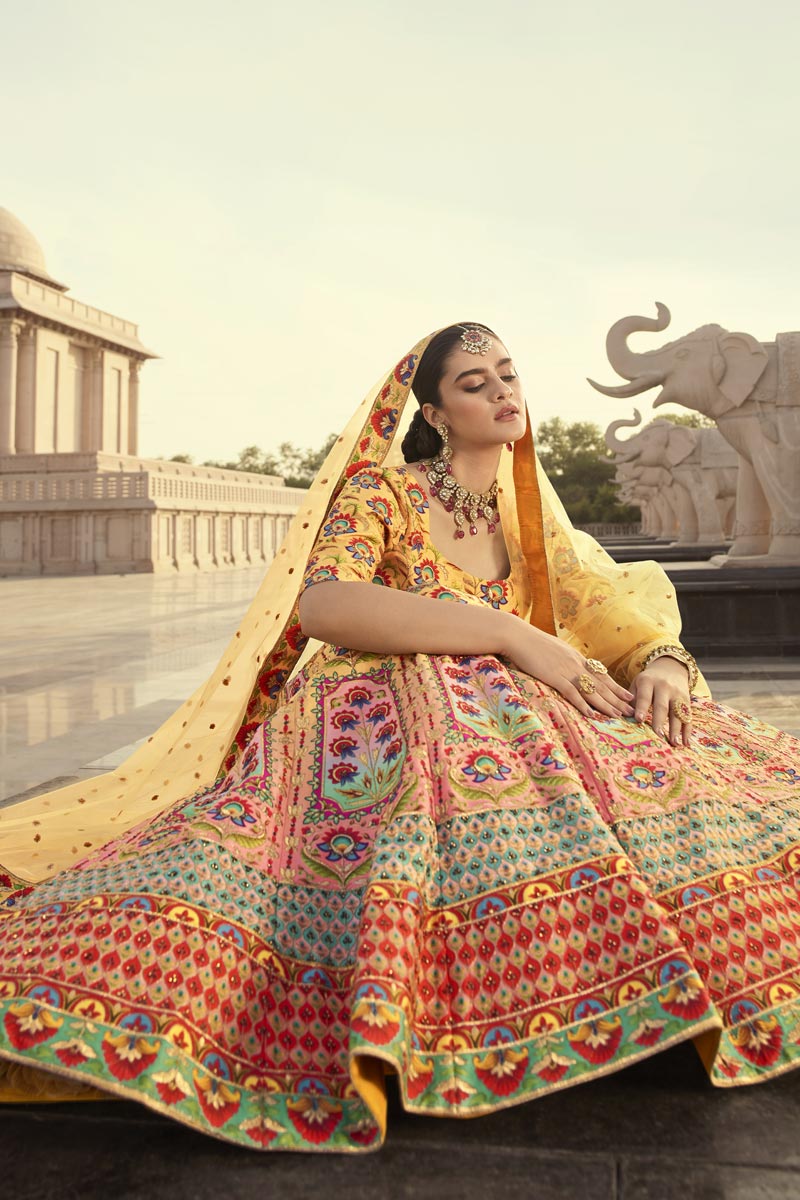 Yellow Color Art Silk Fabric Miraculous Sangeet Wear Lehenga With Embroidered Work