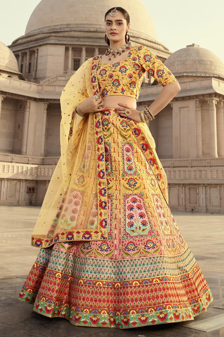 Yellow Color Art Silk Fabric Miraculous Sangeet Wear Lehenga With Embroidered Work