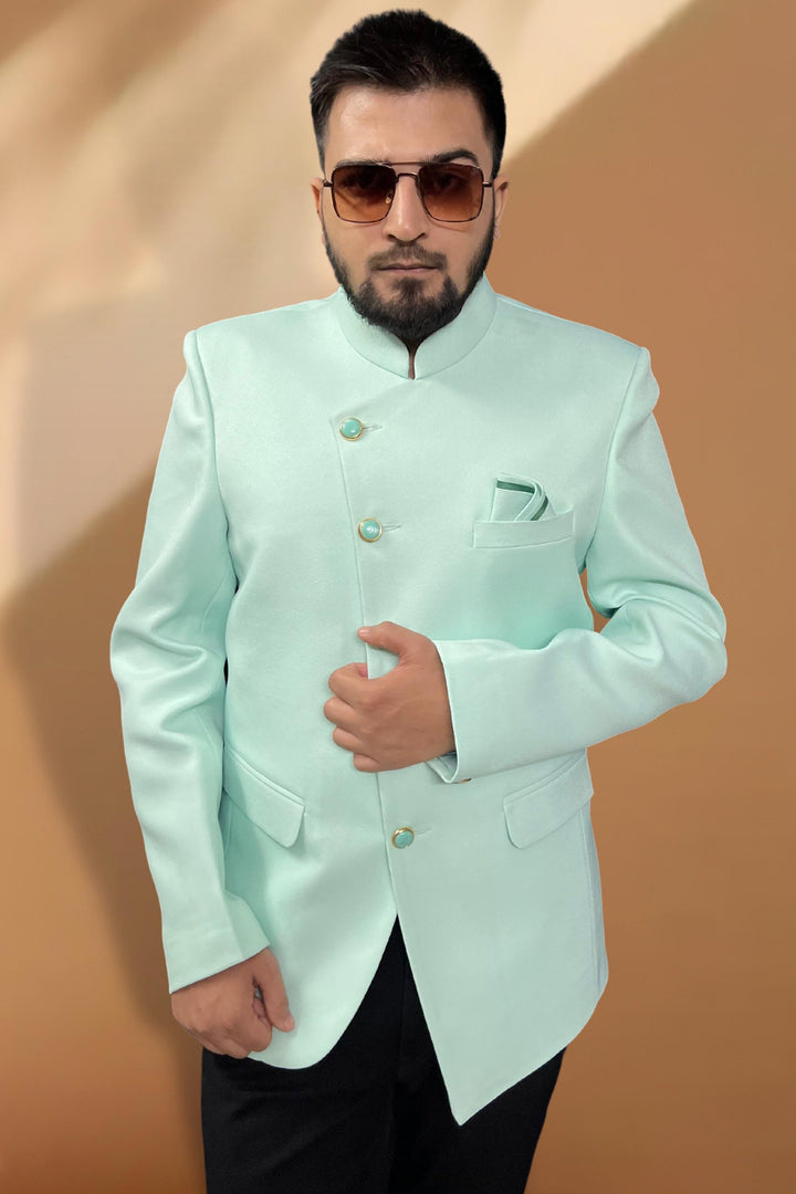 Pretty Fancy Fabric Reception Wear Readymade Men Blazer In Sea Green Color