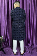 Load image into Gallery viewer, Blue Color Velvet Fabric Artistic Readymade Men Kurta Pyjama
