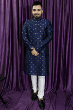 Load image into Gallery viewer, Blue Color Jacquard Fabric Function Wear Fancy Readymade Kurta Pyjama For Men
