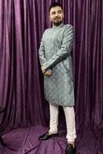 Load image into Gallery viewer, Jacquard Fabric Grey Color Readymade Kurta Pyjama For Men

