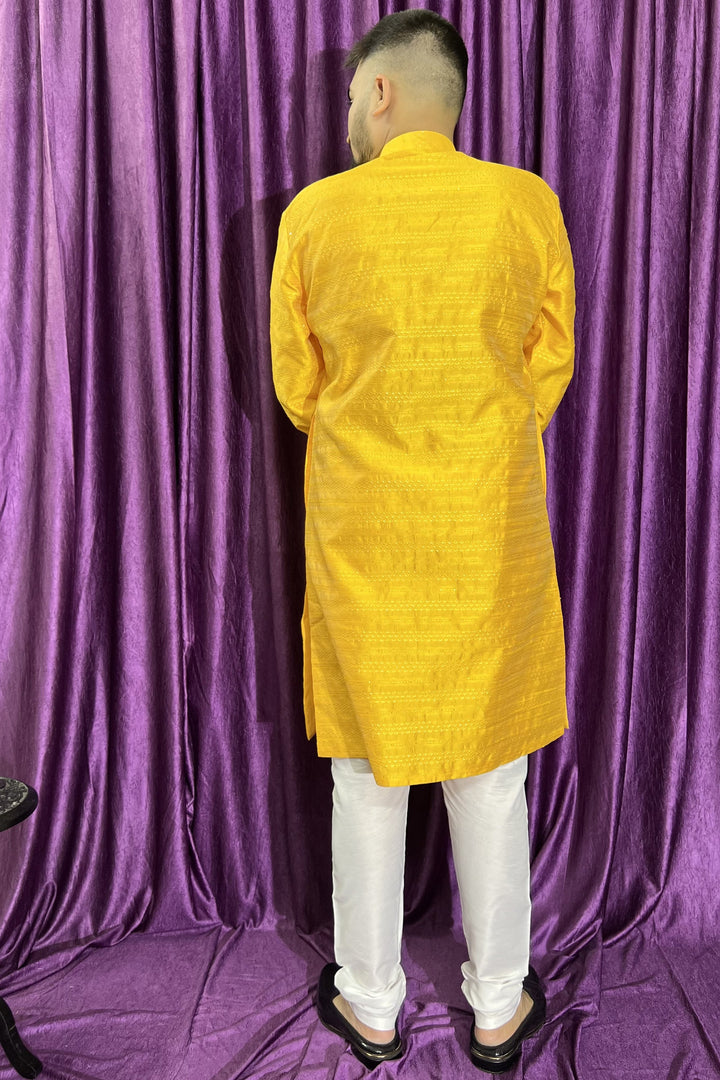 Jacquard Fabric Yellow Color Trendy Readymade Men Kurta Pyjama