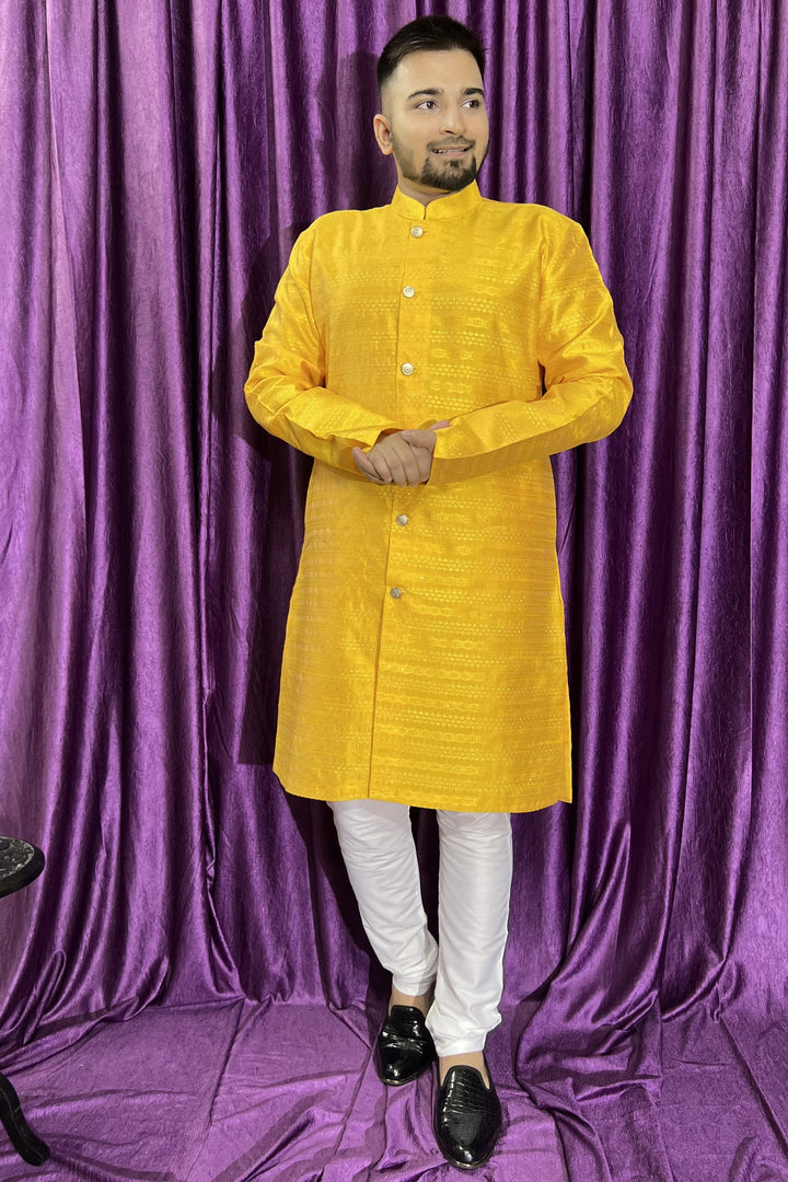 Jacquard Fabric Yellow Color Trendy Readymade Men Kurta Pyjama