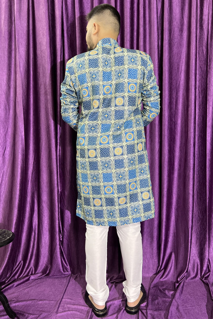 Fancy Blue Color Cotton Fabric Readymade Kurta Pyjama For Men