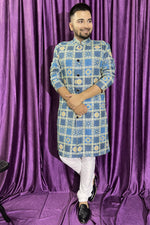 Load image into Gallery viewer, Fancy Blue Color Cotton Fabric Readymade Kurta Pyjama For Men
