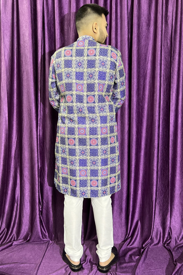 Festive Wear Readymade Kurta Pyjama For Men In Blue Cotton Fabric