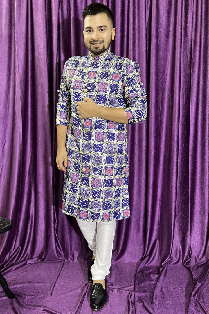 Festive Wear Readymade Kurta Pyjama For Men In Blue Cotton Fabric
