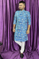 Load image into Gallery viewer, Moss Blue Color Cotton Fabric Men Kurta Pyjama
