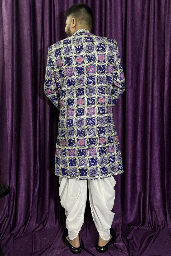 Blue Gorgeous Cotton Fabric Wedding Wear Readymade Peshawari Style Indo Western For Men