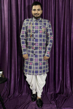 Load image into Gallery viewer, Blue Gorgeous Cotton Fabric Wedding Wear Readymade Peshawari Style Indo Western For Men
