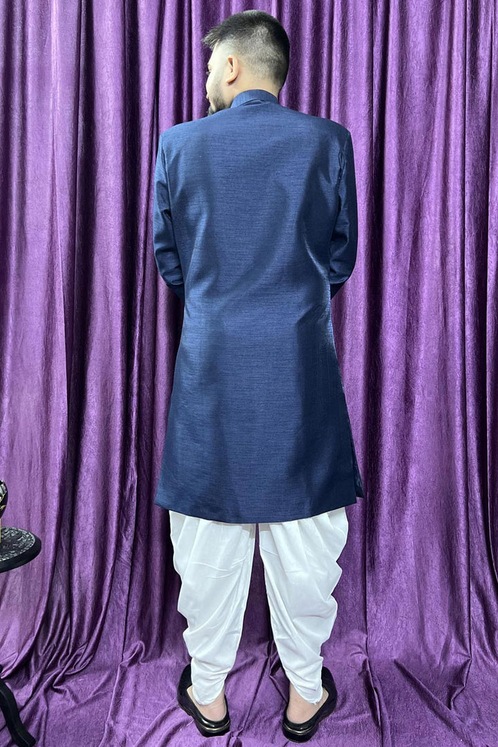 Silk Blue Magnificent Readymade Men Peshawari Style Indo Western For Wedding Wear