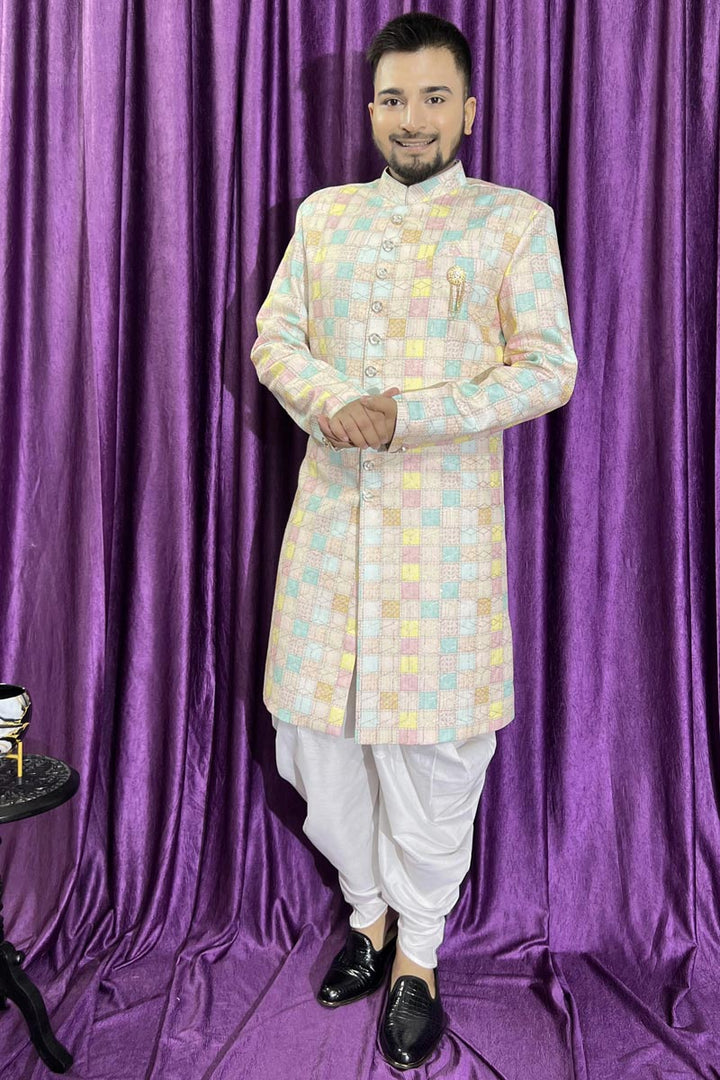Men Cream Color Wedding Wear Designer Readymade Peshawari Style Indo Western