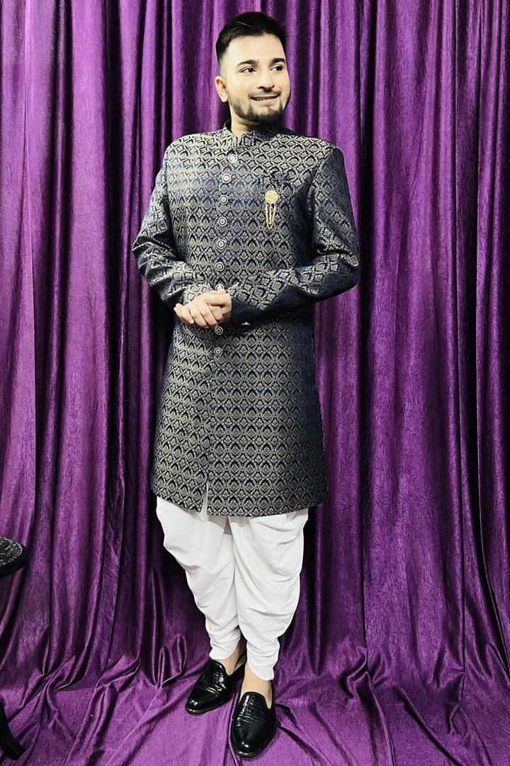 Men Blue Color Wedding Wear Designer Readymade Peshawari Style Indo Western