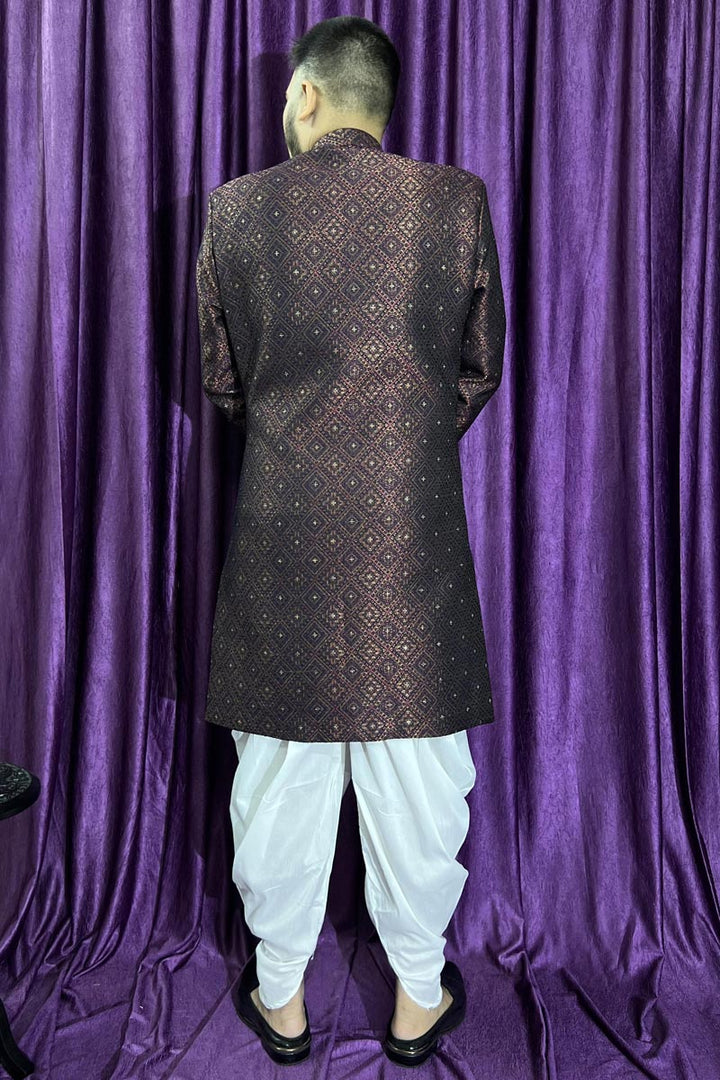 Beautiful Maroon Color Wedding Wear Readymade Peshawari Style Indo Western For Men In Jacquard Fabric