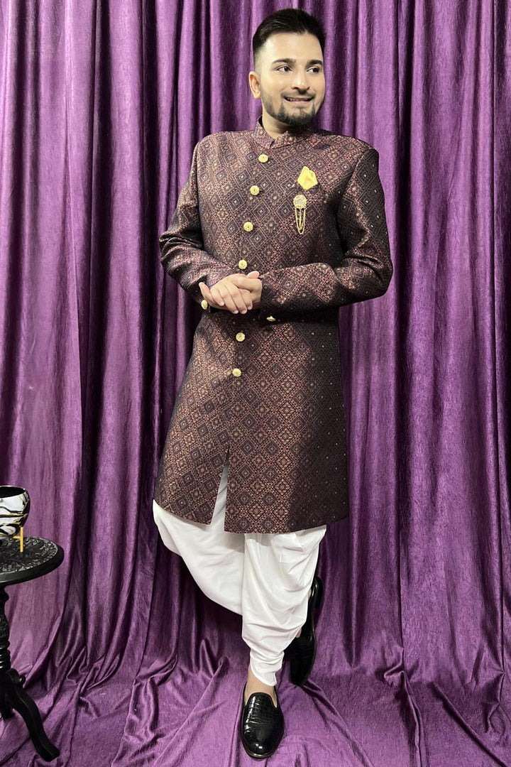 Beautiful Maroon Color Wedding Wear Readymade Peshawari Style Indo Western For Men In Jacquard Fabric