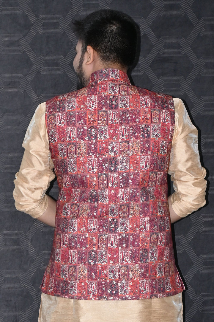 Men Ethnic Cotton Readymade Maroon Color Jacket