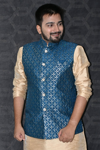 Art Silk Fabric Festive Wear Readymade Men Blue Color Stylish Jacket