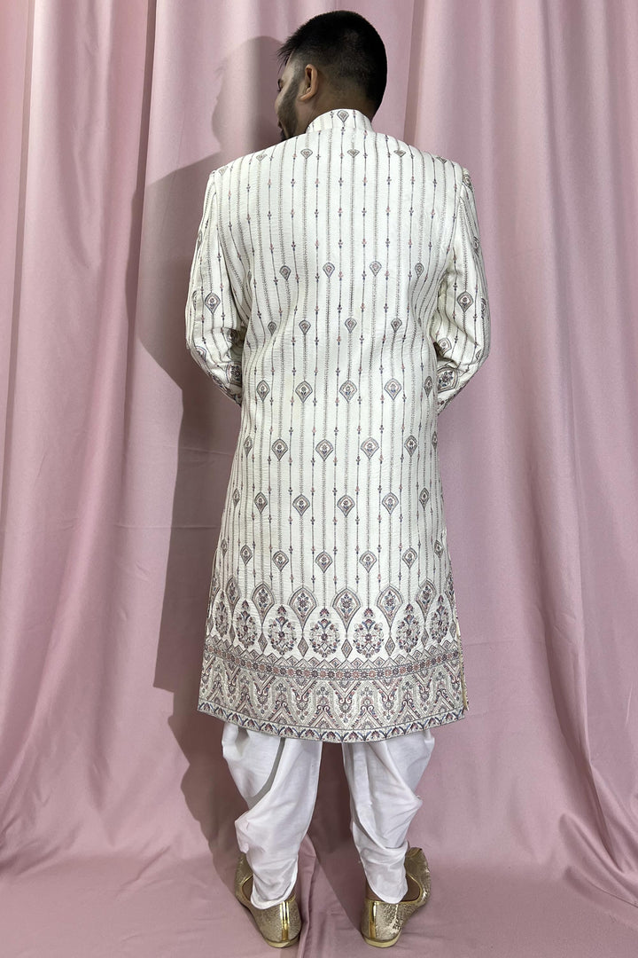Cream Color Wedding Wear Silk Fabric Designer Heavy Embroidered Readymade Sherwani For Men