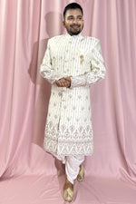 Load image into Gallery viewer, Cream Color Wedding Wear Silk Fabric Designer Heavy Embroidered Readymade Sherwani For Men
