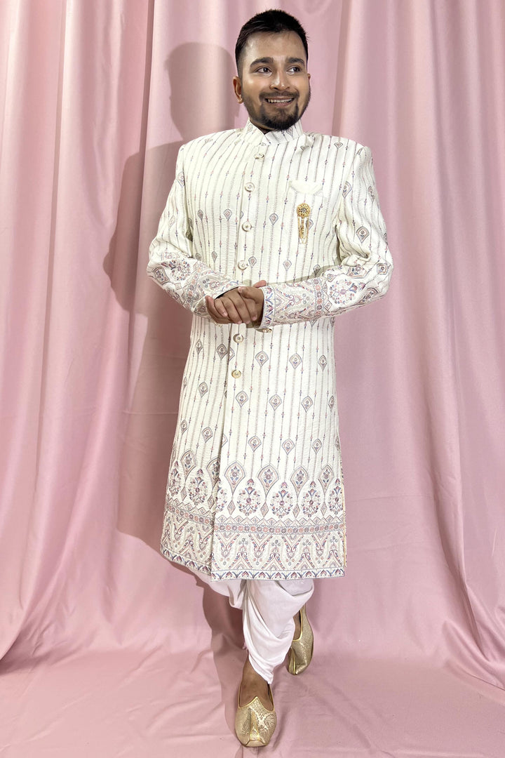 Cream Color Wedding Wear Silk Fabric Designer Heavy Embroidered Readymade Sherwani For Men