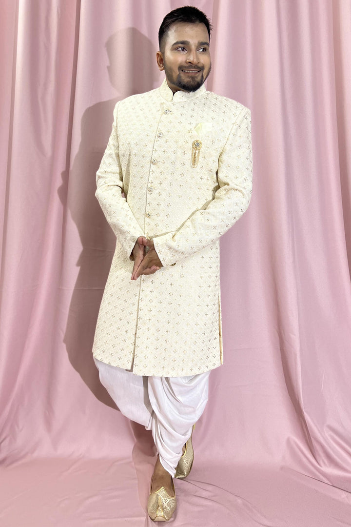 Wedding Wear Georgette Fabric Designer Heavy Embroidered Readymade Indo Western For Men In Cream Color