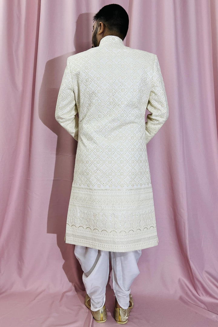 Silk Fabric Designer Heavy Embroidered Wedding Wear Readymade Sherwani For Men In Cream Color