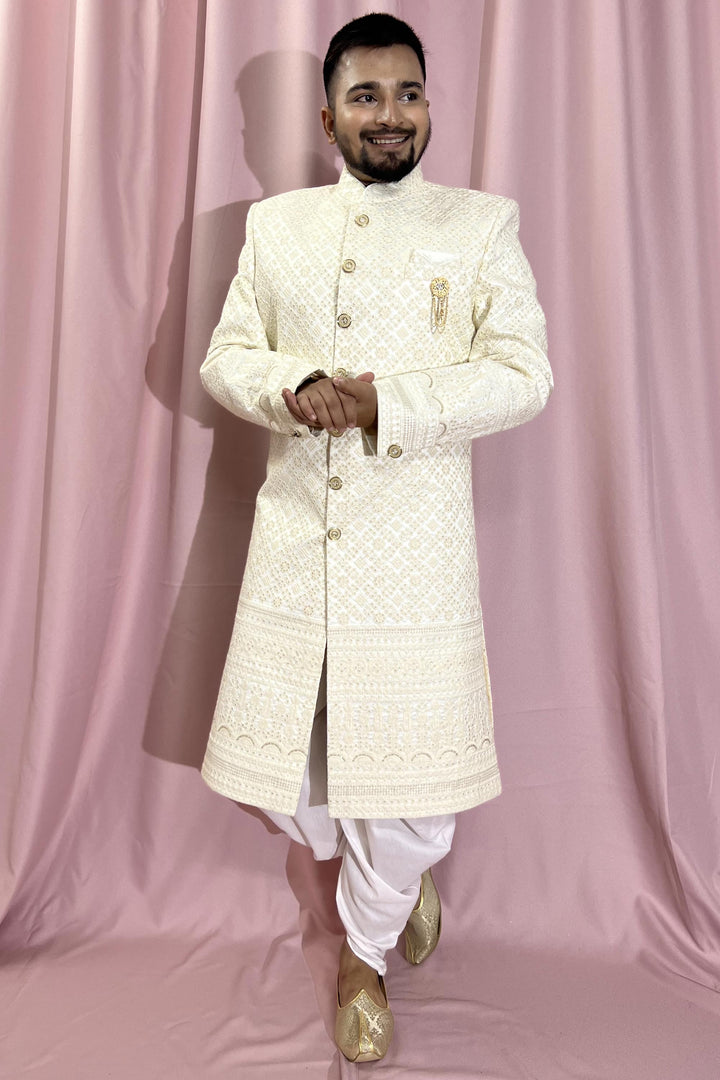 Silk Fabric Designer Heavy Embroidered Wedding Wear Readymade Sherwani For Men In Cream Color