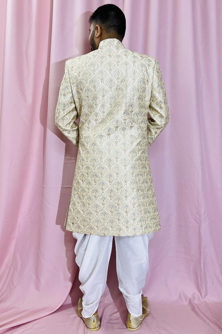 Beige Color Silk Fabric Wedding Wear Readymade Indo Western For Men