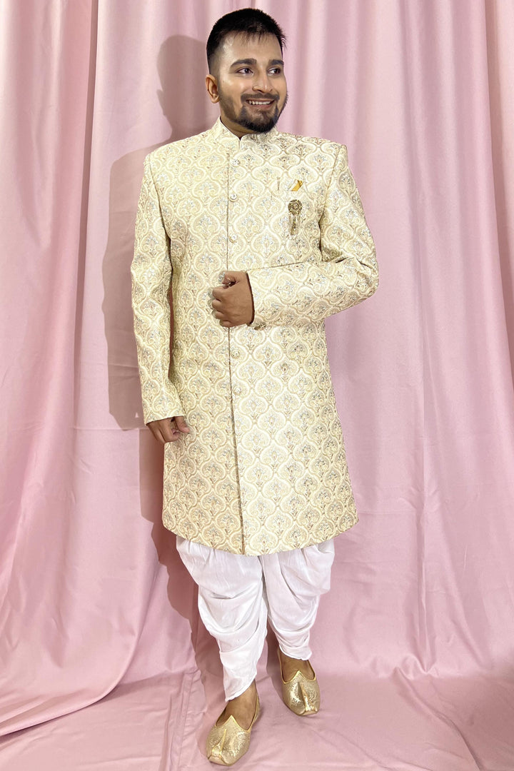 Beige Color Silk Fabric Wedding Wear Readymade Indo Western For Men