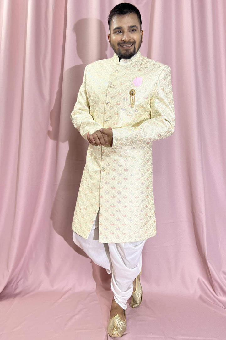 Silk Fabric Cream Color Wedding Wear Readymade Men Stylish Indo Western