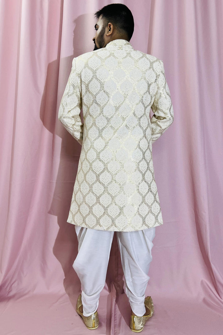 Cream Georgette Fabric Wedding Wear Trendy Readymade Indo Western For Men