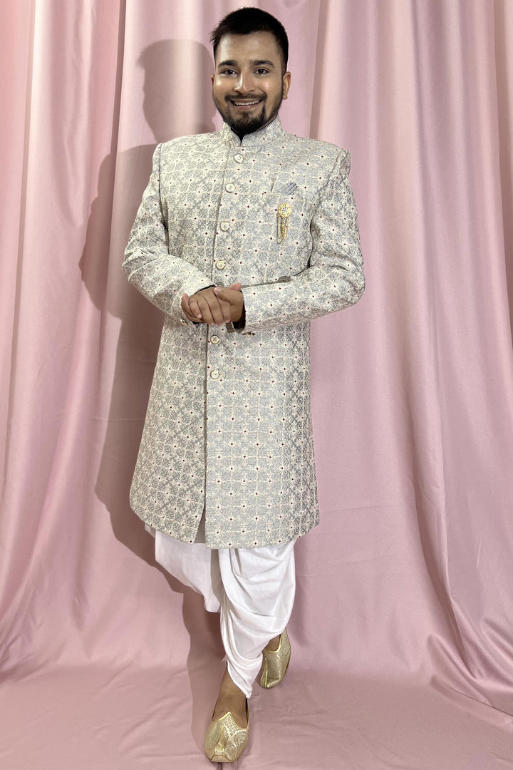 Silk Grey Color Wedding Wear Readymade Designer Men Indo Western
