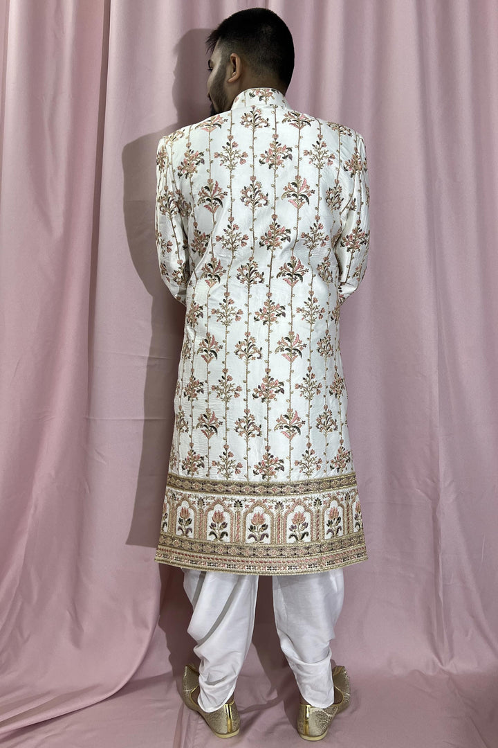 Silk Stunning Wedding Wear Cream Color Readymade Men Sherwani