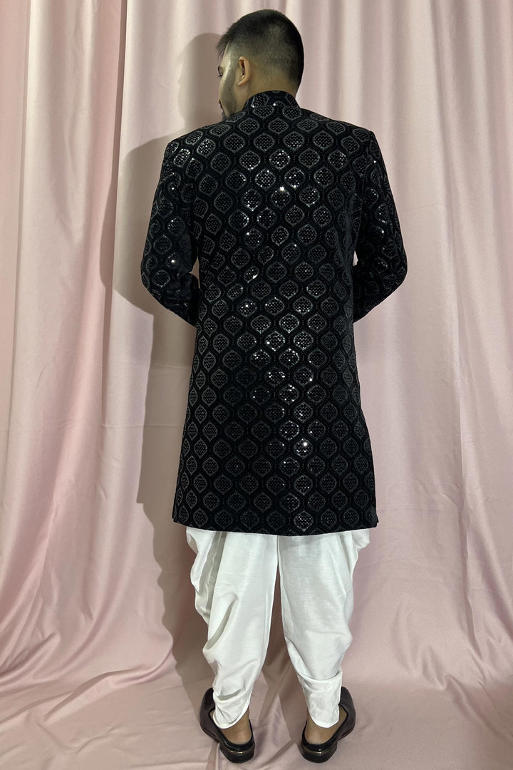 Pretty Velvet Fabric Wedding Wear Readymade Men Indo Western In Black Color