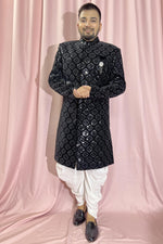 Load image into Gallery viewer, Pretty Velvet Fabric Wedding Wear Readymade Men Indo Western In Black Color
