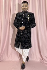 Load image into Gallery viewer, Beautiful Black Color Wedding Wear Readymade Indo Western For Men In Velvet Fabric
