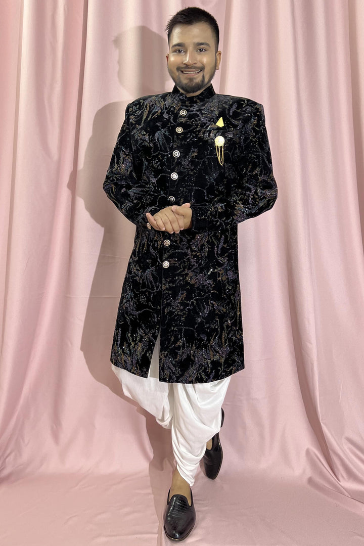 Beautiful Black Color Wedding Wear Readymade Indo Western For Men In Velvet Fabric