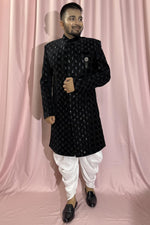 Load image into Gallery viewer, Black Wedding Wear Readymade Glamorous Indo Western For Men In Velvet Fabric
