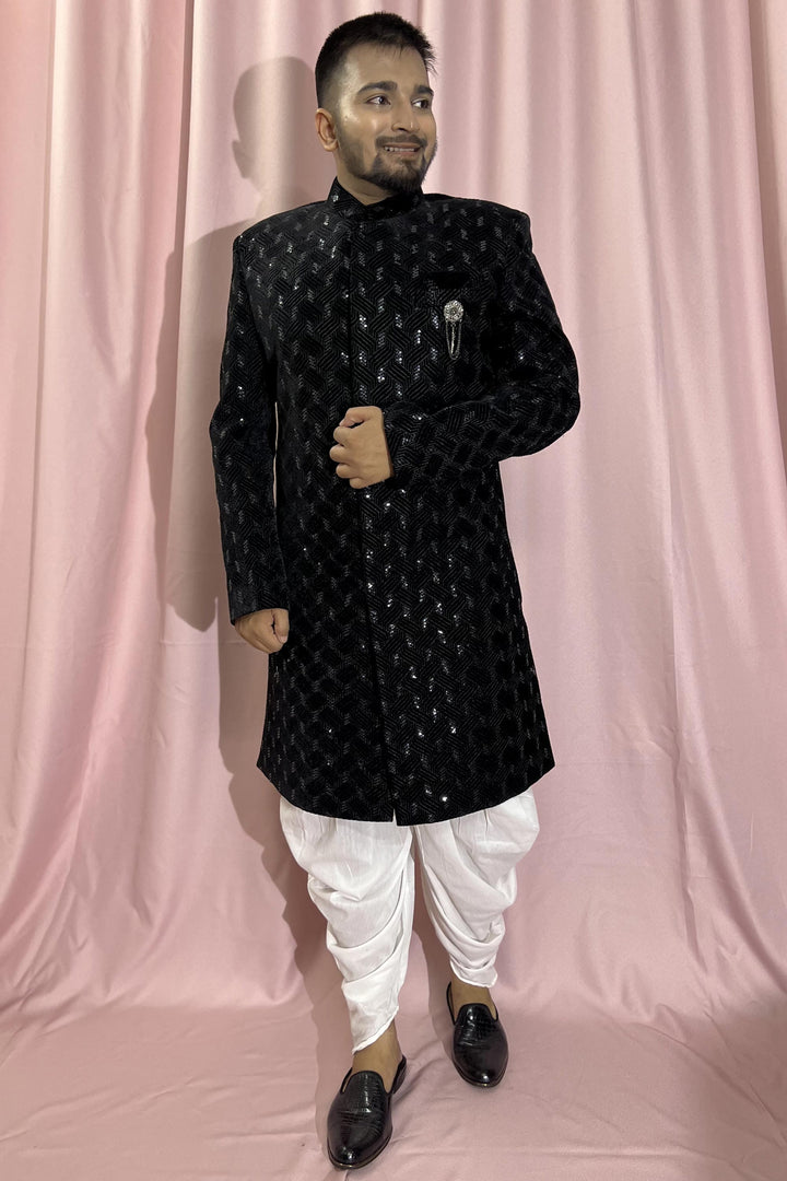 Black Wedding Wear Readymade Glamorous Indo Western For Men In Velvet Fabric