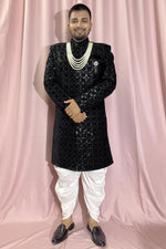 Load image into Gallery viewer, Black Velvet Fabric Magnificent Readymade Men Indo Western For Wedding Wear
