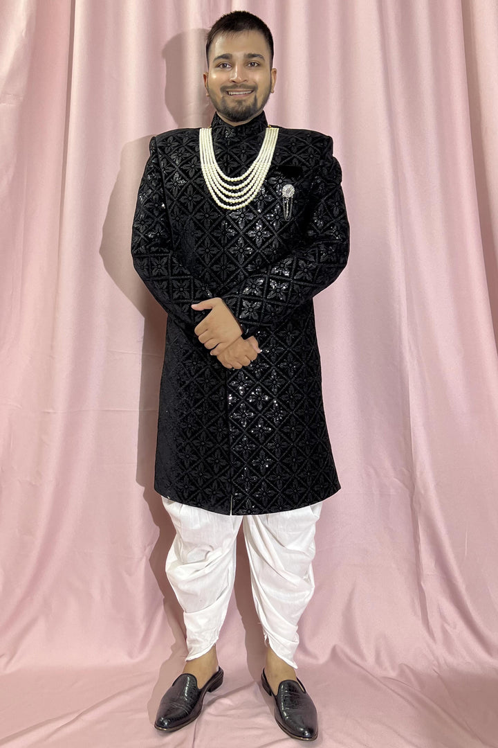 Black Velvet Fabric Magnificent Readymade Men Indo Western For Wedding Wear